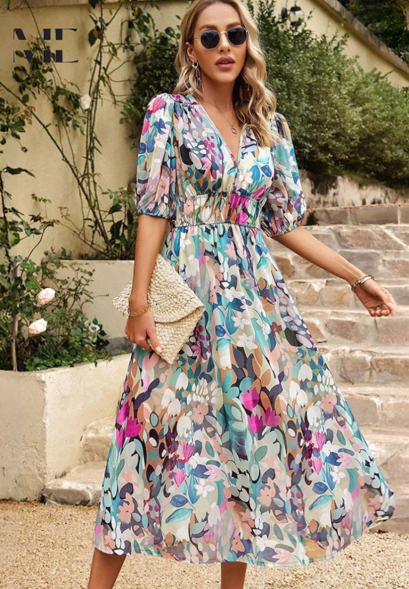 Monica | Floral Midi Dress with Puff Sleeves